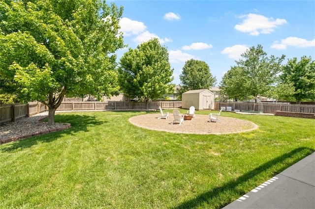 view of yard with a storage unit, an outdoor structure, and an outdoor fire pit