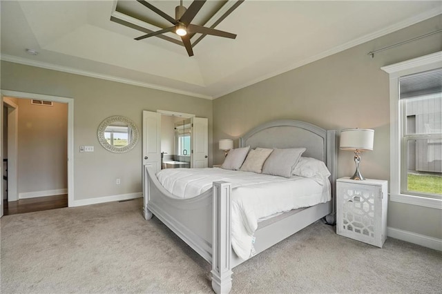 8833 N Crescent Ave, Kansas City, MO 64157 - bedroom with carpet, a raised ceiling, crown molding, baseboards, and ceiling fan