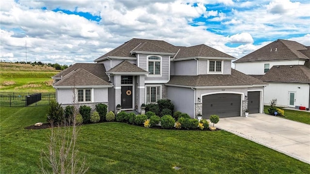 8833 N Crescent Ave, Kansas City, MO 64157 - view of front of home with stucco siding, concrete driveway, roof with shingles, and stone siding