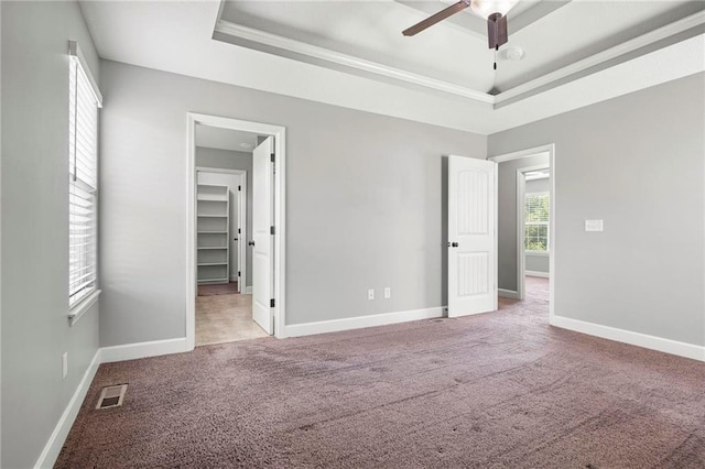 unfurnished bedroom featuring a tray ceiling, carpet floors, baseboards, and a spacious closet