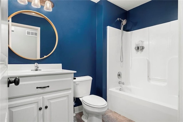 bathroom featuring toilet, vanity, shower / bath combination, and tile patterned floors