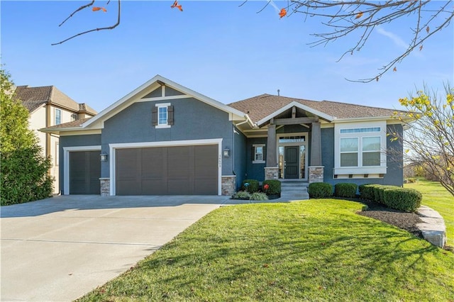 16609 Cody St, Overland Park, KS 66221 - view of front facade with a garage, stucco siding, concrete driveway, a front yard, and stone siding