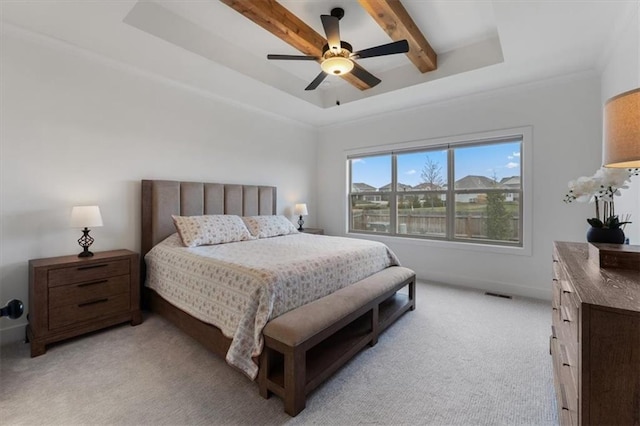 16521 S Stagecoach St, Olathe, KS 66062 - bedroom with light carpet, a tray ceiling, ceiling fan, beamed ceiling, and baseboards