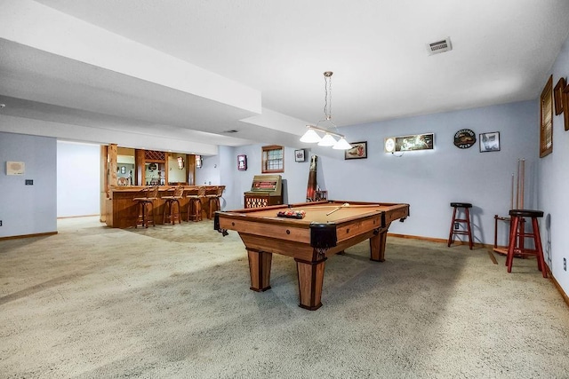 12808 Howe Dr, Leawood, KS 66209 - game room featuring bar, carpet floors, baseboards, and billiards