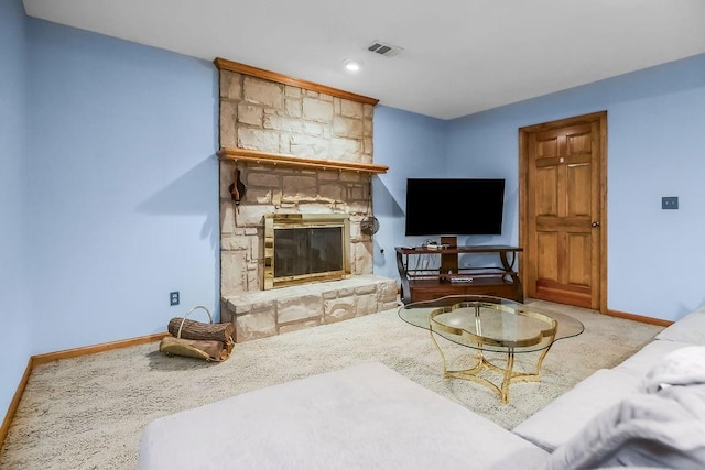 12808 Howe Dr, Leawood, KS 66209 - living room featuring a stone fireplace and baseboards