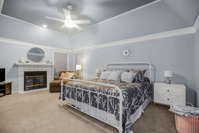 12808 Howe Dr, Leawood, KS 66209 - carpeted bedroom with a fireplace, ceiling fan, and ornamental molding