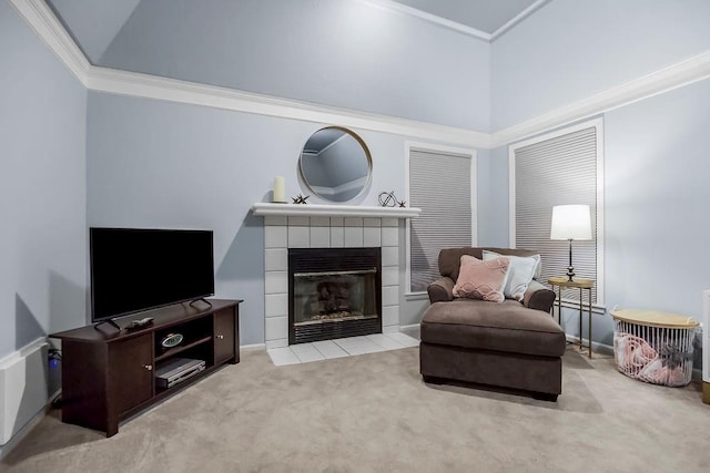 12808 Howe Dr, Leawood, KS 66209 - living area featuring carpet, a tiled fireplace, and ornamental molding