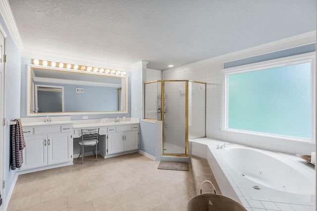 12808 Howe Dr, Leawood, KS 66209 - bathroom with double vanity, a stall shower, a jetted tub, crown molding, and tile patterned floors