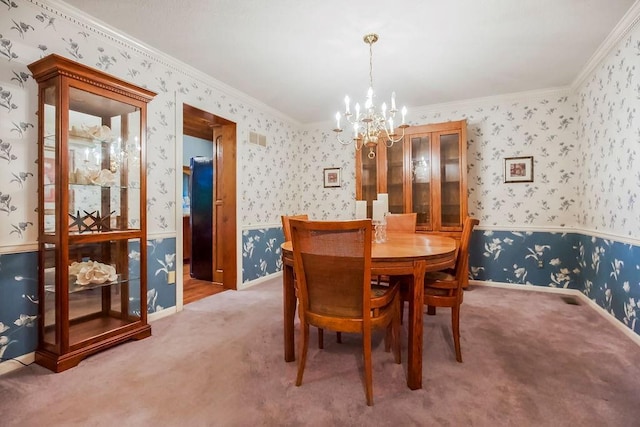 12808 Howe Dr, Leawood, KS 66209 - dining space with a chandelier, wallpapered walls, carpet flooring, and ornamental molding