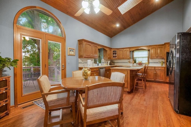 12808 Howe Dr, Leawood, KS 66209 - dining area with high vaulted ceiling, ceiling fan, light wood finished floors, a skylight, and wood ceiling