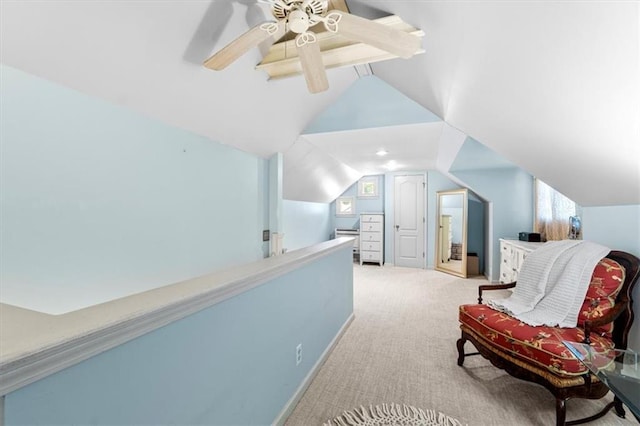 4111 W 69th St, Prairie Village, KS 66208 - living area featuring lofted ceiling, carpet floors, and a ceiling fan