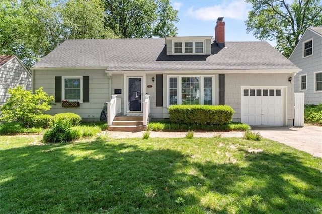 4111 W 69th St, Prairie Village, KS 66208 - view of front of property with a chimney, a garage, a front lawn, concrete driveway, and a shingled roof