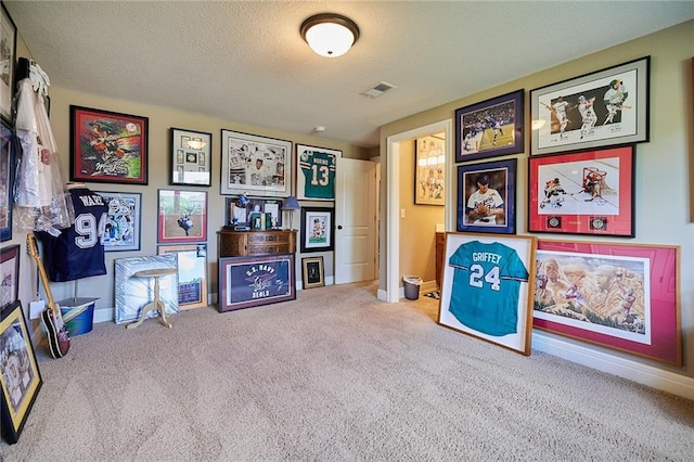 playroom featuring carpet, a textured ceiling, and baseboards