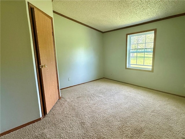 spare room with crown molding, carpet, a textured ceiling, and baseboards