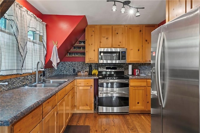 429 SE Lakeside Dr, Lacygne, KS 66040 - kitchen with stainless steel appliances, a sink, wood finished floors, decorative backsplash, and dark countertops