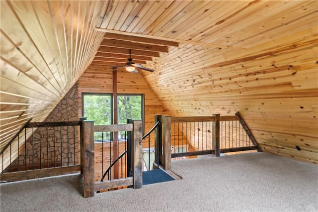 429 SE Lakeside Dr, Lacygne, KS 66040 - additional living space featuring carpet, a ceiling fan, wood walls, wood ceiling, and vaulted ceiling