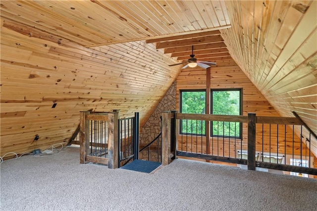 429 SE Lakeside Dr, Lacygne, KS 66040 - bonus room with carpet, wooden walls, wood ceiling, a ceiling fan, and lofted ceiling