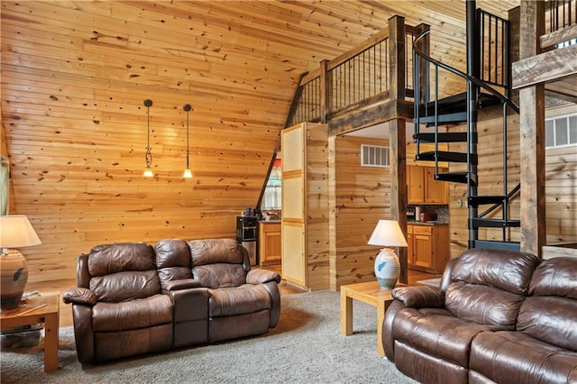 429 SE Lakeside Dr, Lacygne, KS 66040 - living room with wooden walls, carpet floors, wood ceiling, stairs, and high vaulted ceiling