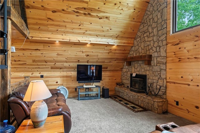 429 SE Lakeside Dr, Lacygne, KS 66040 - living room with carpet flooring, wood walls, wooden ceiling, and lofted ceiling