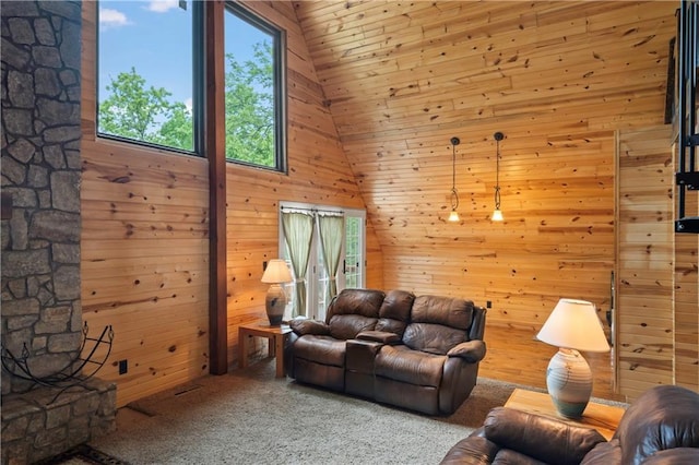 429 SE Lakeside Dr, Lacygne, KS 66040 - carpeted living room featuring wooden walls and lofted ceiling