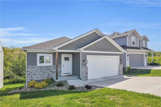 522 NW 110th St, Kansas City, MO 64155 - view of front of property with stone siding, a front lawn, concrete driveway, a garage, and stucco siding