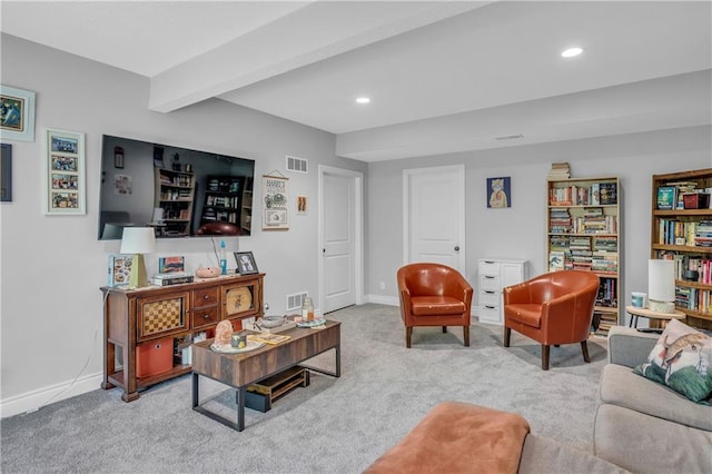 522 NW 110th St, Kansas City, MO 64155 - carpeted living area featuring baseboards, recessed lighting, and beamed ceiling