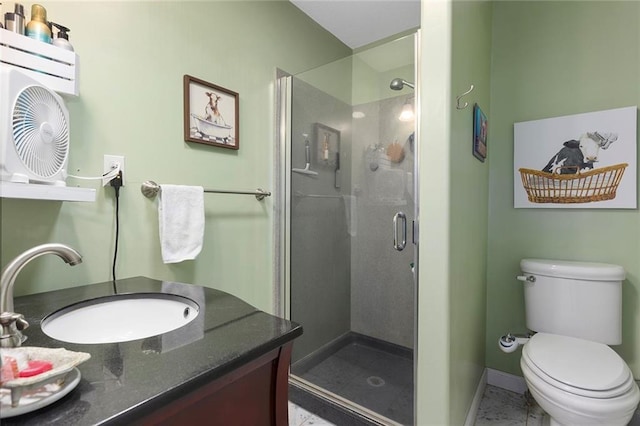 336 SE Zack Wheat Dr, Polo, MO 64671 - bathroom featuring a stall shower, vanity, toilet, and baseboards