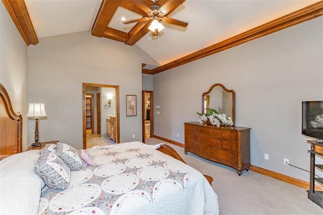 26650 W 100th Pl, Olathe, KS 66061 - bedroom with light carpet, lofted ceiling, baseboards, ensuite bath, and ceiling fan