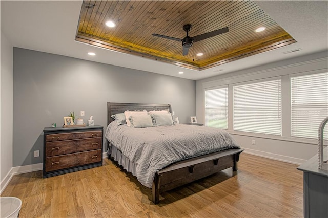2241 Foxtail Dr, Kearney, MO 64060 - bedroom with a tray ceiling, light wood finished floors, wooden ceiling, baseboards, and a ceiling fan
