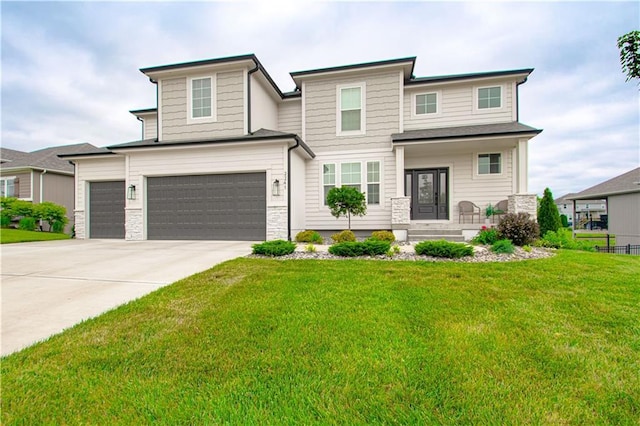 2241 Foxtail Dr, Kearney, MO 64060 - view of front facade featuring an attached garage, a front lawn, concrete driveway, and stone siding