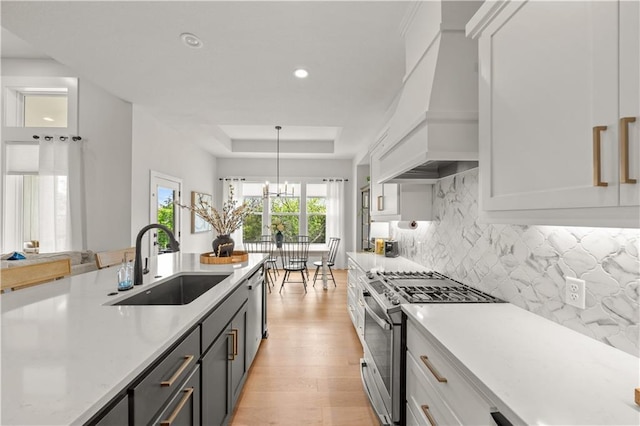 11573 S Mize Rd, Olathe, KS 66061 - kitchen featuring stainless steel appliances, a raised ceiling, custom range hood, a sink, and light wood-style floors