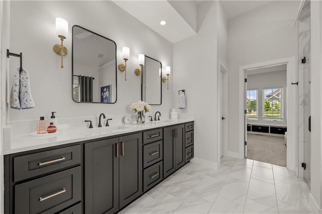 11573 S Mize Rd, Olathe, KS 66061 - bathroom with double vanity, baseboards, and marble finish floors