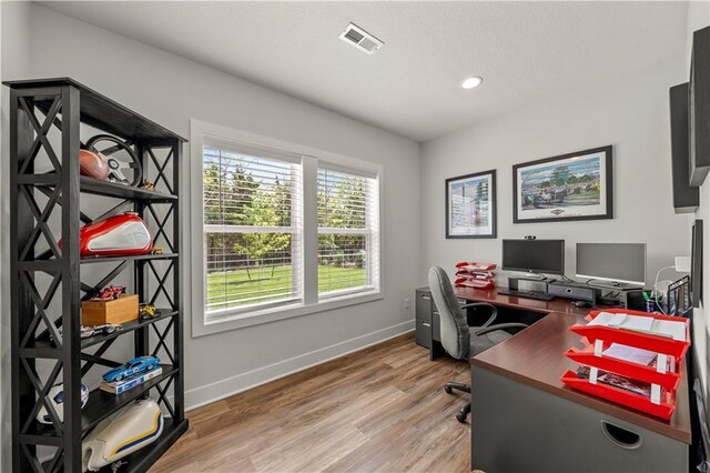 11573 S Mize Rd, Olathe, KS 66061 - office area with plenty of natural light, baseboards, light wood-type flooring, and recessed lighting
