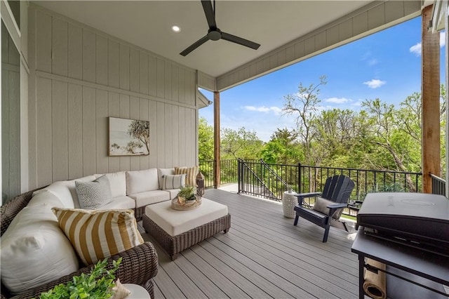 11573 S Mize Rd, Olathe, KS 66061 - deck with an outdoor living space, area for grilling, and ceiling fan