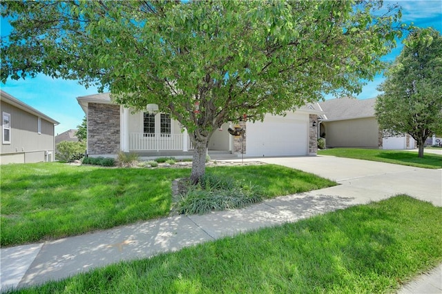 4641 SW Soldier Dr, Lees Summit, MO 64082 - view of property hidden behind natural elements featuring stone siding, driveway, a front yard, an attached garage, and covered porch