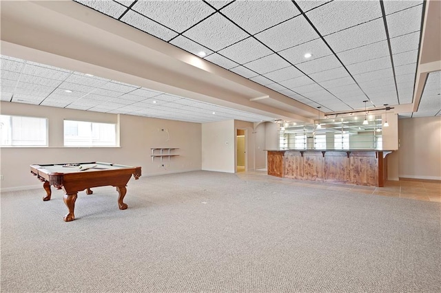 4641 SW Soldier Dr, Lees Summit, MO 64082 - recreation room with baseboards, billiards table, light colored carpet, and a drop ceiling