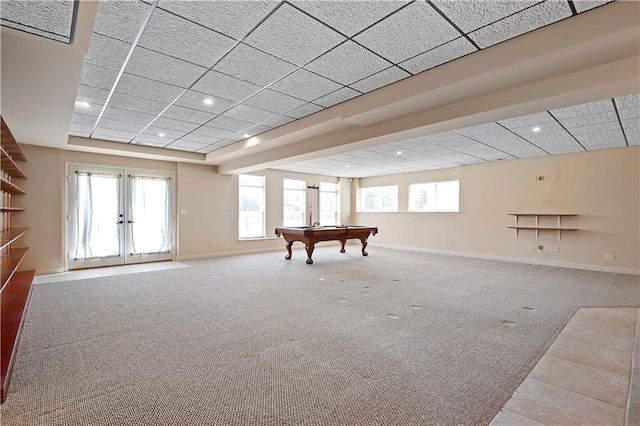 4641 SW Soldier Dr, Lees Summit, MO 64082 - playroom featuring carpet floors, billiards table, recessed lighting, baseboards, and a paneled ceiling