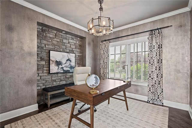 24957 W 98th St, Lenexa, KS 66227 - office space featuring a chandelier, baseboards, wood finished floors, and crown molding