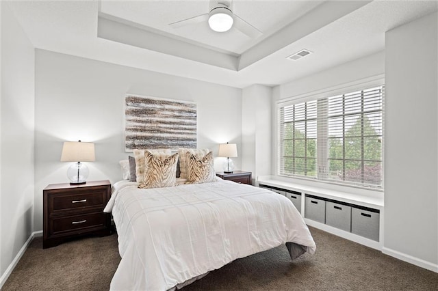 24957 W 98th St, Lenexa, KS 66227 - bedroom with dark carpet, baseboards, a raised ceiling, and ceiling fan
