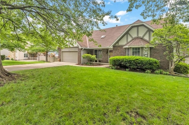 1600 NE 97th St, Kansas City, MO 64155 - tudor home featuring an attached garage, driveway, a front yard, and brick siding