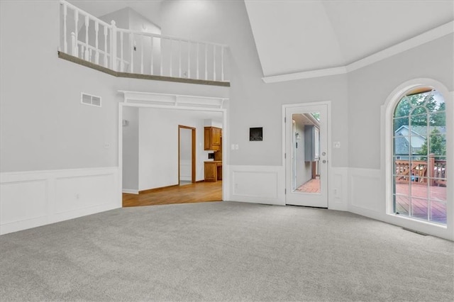 1600 NE 97th St, Kansas City, MO 64155 - carpeted spare room with high vaulted ceiling, wainscoting, and a decorative wall