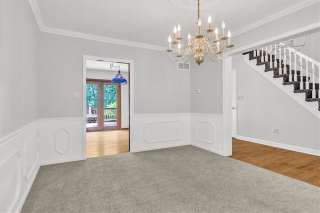 1600 NE 97th St, Kansas City, MO 64155 - carpeted spare room featuring a chandelier, stairway, a wainscoted wall, and crown molding