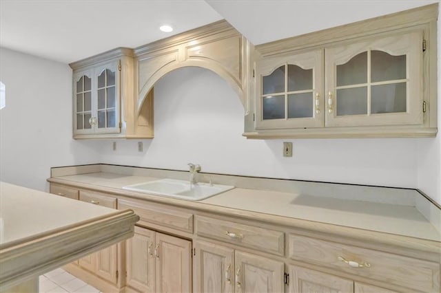 1600 NE 97th St, Kansas City, MO 64155 - kitchen featuring a sink, light countertops, glass insert cabinets, and light brown cabinets