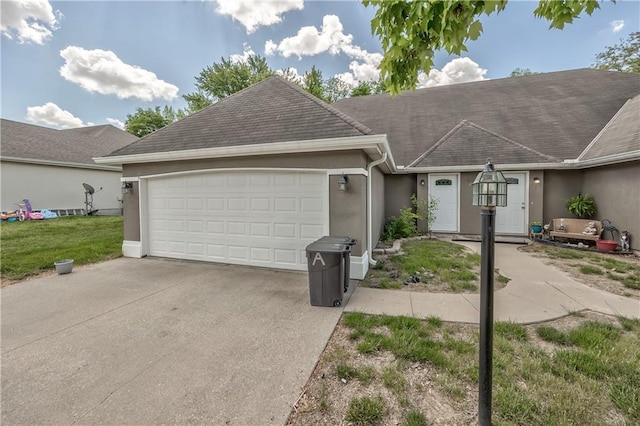 single story home with an attached garage, stucco siding, concrete driveway, and a shingled roof