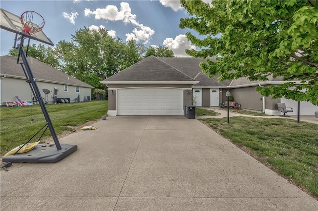ranch-style house with a front lawn, a garage, driveway, stucco siding, and a shingled roof