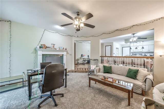 office space featuring carpet and ceiling fan