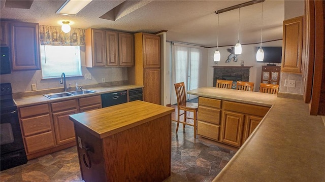 20435 Rb Hwy, Flemington, MO 65650 - kitchen featuring wooden counters, a sink, dishwasher, a fireplace, and stove