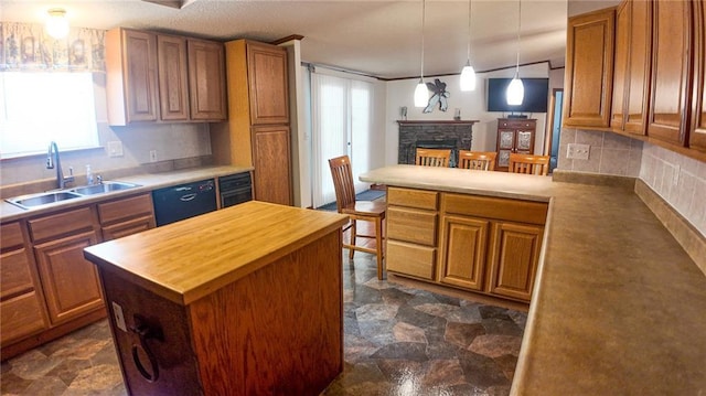 20435 Rb Hwy, Flemington, MO 65650 - kitchen featuring butcher block counters, a sink, a fireplace, dishwasher, and brown cabinets