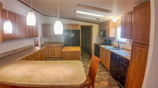 20435 Rb Hwy, Flemington, MO 65650 - kitchen with black appliances, a sink, vaulted ceiling, backsplash, and a center island