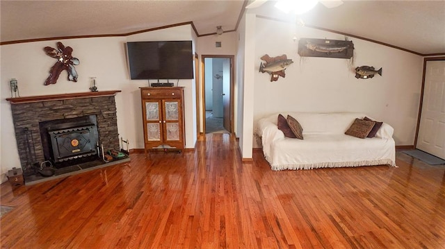 20435 Rb Hwy, Flemington, MO 65650 - living room with ornamental molding, vaulted ceiling, wood finished floors, and baseboards